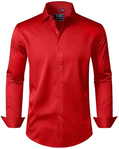 J.VER Men's Dress Shirts Solid Long Sleeve Stretch Wrinkle-Free Formal Shirt Business Casual Button Down Shirts Red Medium