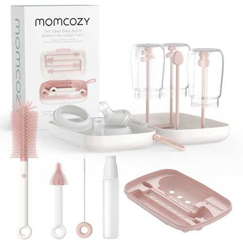Momcozy 7-in-1 Baby Bottle Brush Set with Drying Rack, Pink