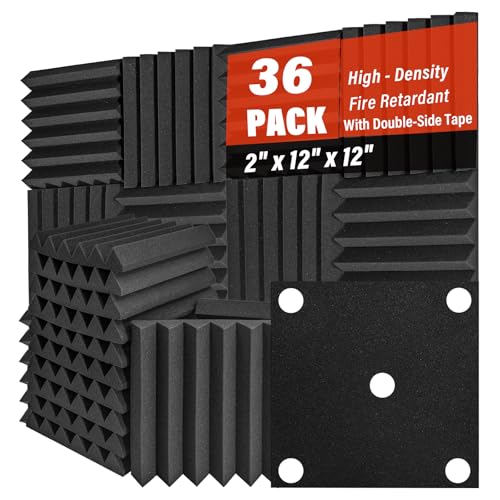 36 Pack Acoustic Foam Panels 2" x 12" x 12" Sound Proof Foam Panles Saiqiang Soundproofing Noise Absorbing Wedge Black Panels