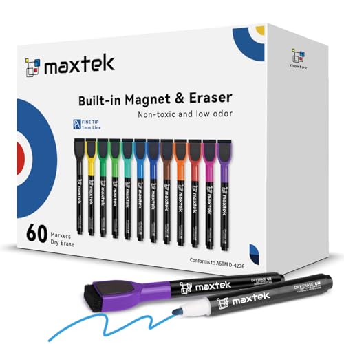 maxtek Magnetic Dry Erase Markers, Fine Tip, 12 Colors, 60 Count