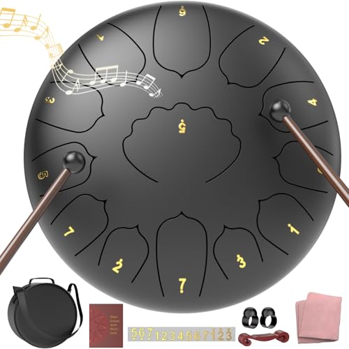 Large Steel Tongue Drum Handpan: 12 Inches 13 Notes Rain Drums for Outside Garden, Meditation Hand Pan with Music Book, Malle