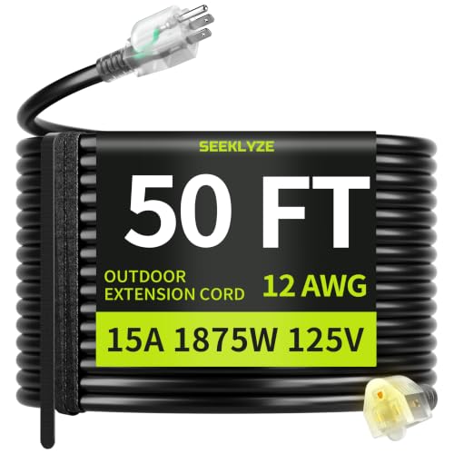 Seeklyze 50 FT Extension Cord Heavy Duty, 12 Gauge Black 3 Prong Power Cord
