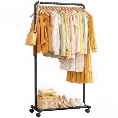 Sakugi Clothes Rack - Clothing Rack with Storage Mesh Shelf & Casters, Heavy-Duty Metal Clothing Rack for Hanging Clothes, Dr