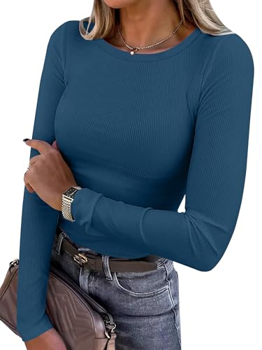 ANRABESS Women Long Sleeve Shirts Ribbed Fitted Tops,Deep Blue,XXL
