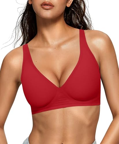 OEAK Womens Jelly Bras Wireless Deep V Comfy Push Up Tshirt Bras RED M