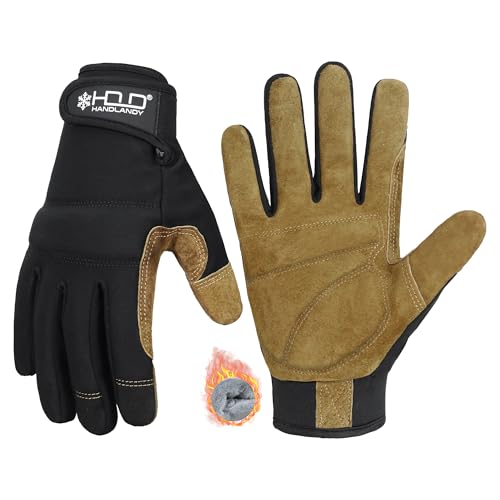 HANDLANDY Winter Leather Work Gloves with Grip for Men & Women, Utility Mechanic Touch Screen Working Gloves for Gardening, D