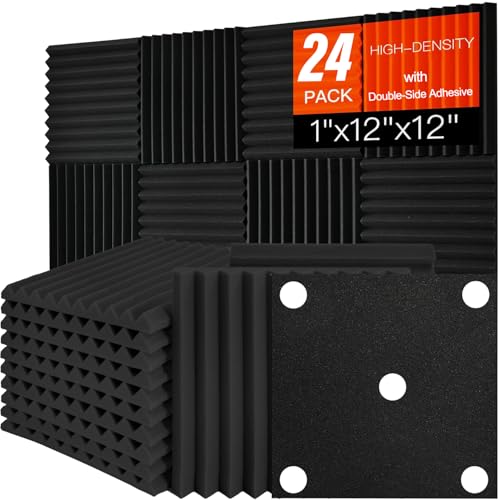 24 Pack Acoustic Foam Panels 1" x 12" x 12" Sound Proof Foam Panles Saiqiang Soundproofing Noise Absorbing Wedge Black Panels