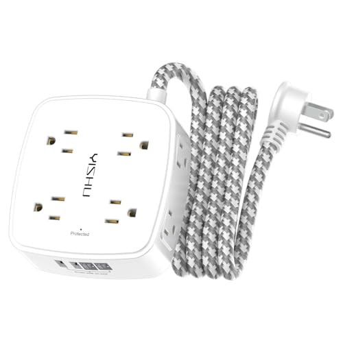 Surge Protector Power Strip - YISHU 8 Outlets with 4 USB (2 USB C) Charging Ports, 6Ft Braided Extension Cord, Flat Plug Mult