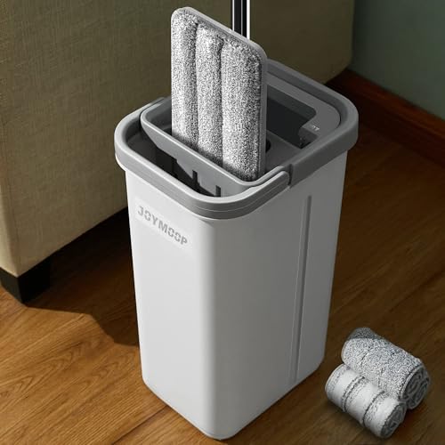 JOYMOOP Wall Mop and Bucket Set, Hands-Free Flat Floor Mop with 3 Washable Microfiber Pads, Wet and Dry Use, Ideal for Home a