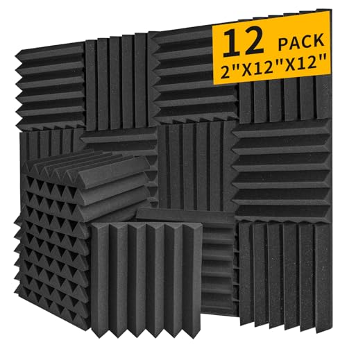 Acoustic Foam Panels 12 Pack 2" x 12"x 12" Saiqiang Soundproofing for Wall Noise Absorbing Sound-Damping Black Sound Insulati