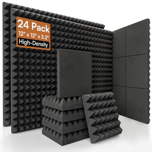 SODOCT 24 Pack 3.2 Inches Extra Thick Pyramid Acoustic Foam Panels, 12 x 12 Inches High Density Soundproofing Foam for Walls,