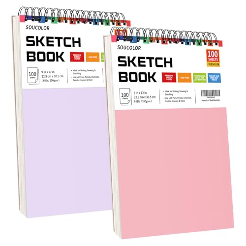 Soucolor 9x12 Sketch Book 2-Pack, 100 Sheets, Acid-Free, Spiral Bound