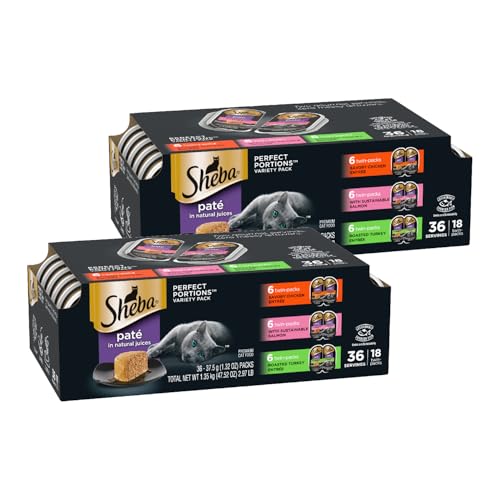 Sheba Perfect Portions Wet Cat Food Pate Savory Chicken, with Sustainable Salmon, and Roasted Turkey Entree Variety Pack, 2.6