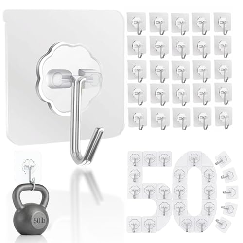 DDMY Hooks for Hanging, 50 Pack Wall Hooks 50lb(Max) Transparent Reusable Waterproof Adhesive Hook for Kitchen Curtain, Towel