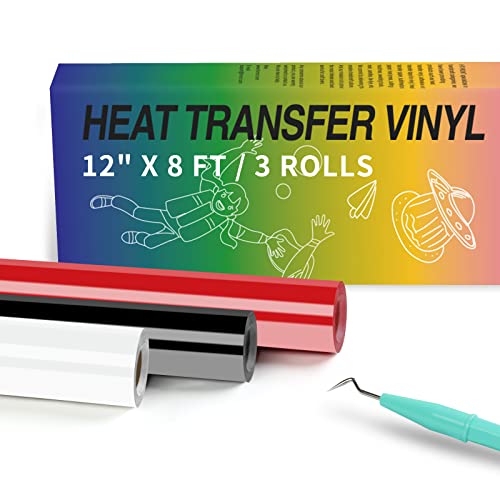 HTVRONT HTV Vinyl Rolls Black White and Red Heat Transfer Vinyl, 12" x 8 FT