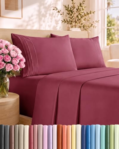 King Size 4 Piece Sheet Set - Comfy Breathable & Cooling Sheets - Burgundy