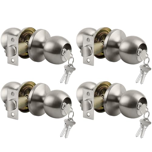 4 Pack BESTTEN Door Knob with Lock and Key, Keyed Different, Satin Nickel