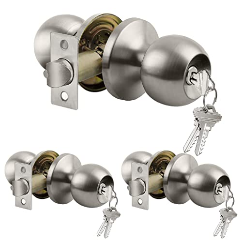 BESTTEN 3 Pack Door Knob with Lock and Key, Keyed Different, Satin Nickel