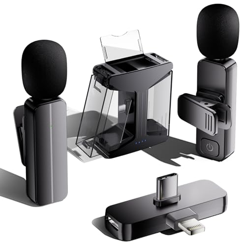 2-Pack Wireless Mini Lavalier Lapel Microphone for iPhone,Android Phone(2 in 1) w/ Case - 65ft Cordless Clip on Dual Mics wit
