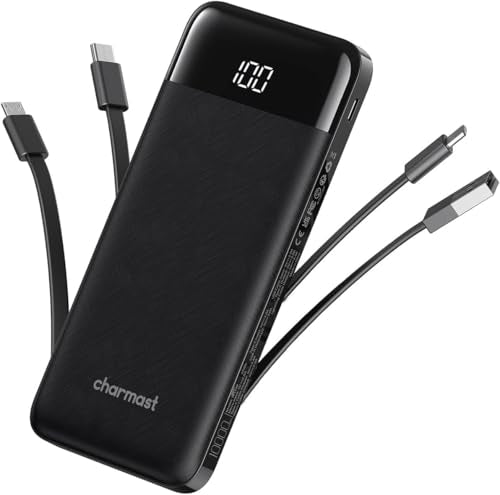 charmast Portable Charger with Built in Cables, Power Bank with Cords Wires, Slim 10000mAh Travel Battery Pack 6 Outputs 3 In