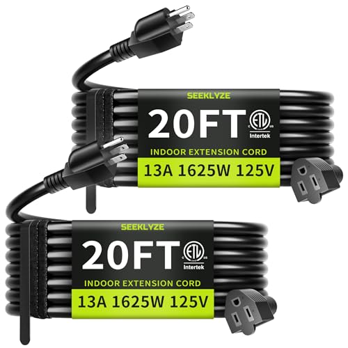 Seeklyze 16/3 Black 20 FT (2Pack) Extension Cord Indoor for Appliances