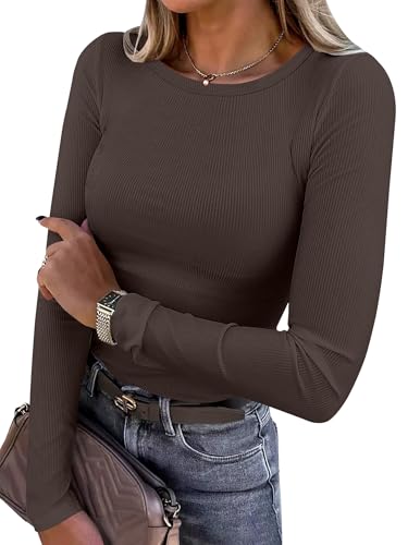 ANRABESS Women Long Sleeve Shirts Ribbed Fitted Tops,Brown,S