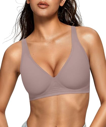 OEAK Womens Jelly Bras Wireless Deep V Comfy Push Up Tshirt Bras M Grey