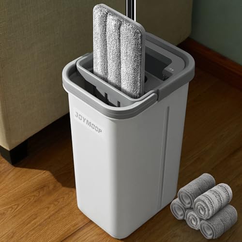 JOYMOOP Flat Mop System, Microfiber Mop and Bucket Set, White, Hands-Free Wet and Dry Floor Cleaning for Household and Commer