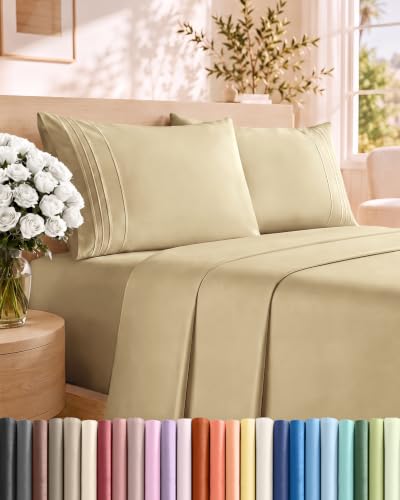 Cal King Size 4 Piece Sheet Set - Comfy Breathable & Cooling Sheets - Beige