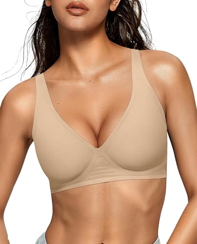 OEAK Womens Jelly Bras Wireless Deep V Comfy Push Up Tshirt Bras SEM M