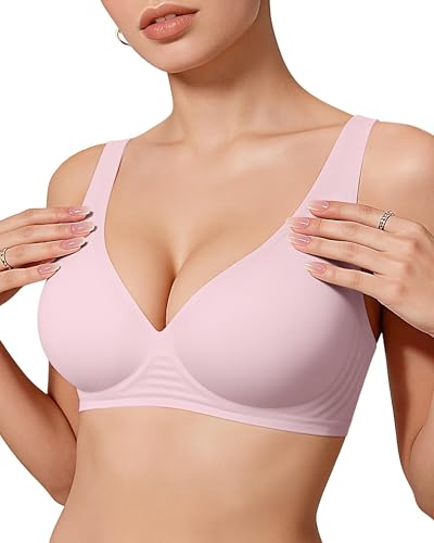 OEAK Womens Jelly Bras Wireless Deep V Comfy Push Up Tshirt Bras 3XL Pink