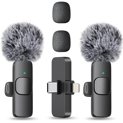 MAYBESTA Wireless Mini Microphone for iPhone, Android Phone - 2 Pack Lavalier Lapel Mic for Audio Video Recording - Clip on C