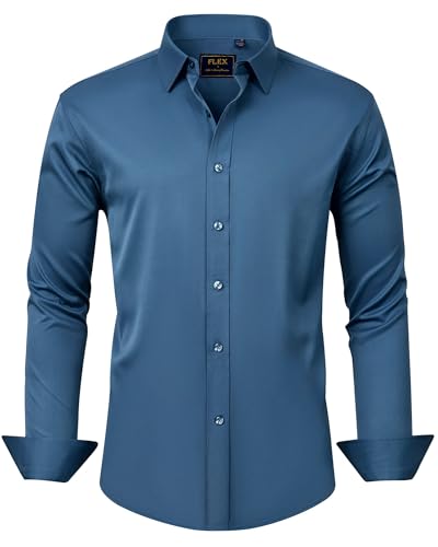 J.VER Men's Dress Shirts Solid Long Sleeve Stretch Wrinkle-Free Formal Shirt Business Casual Button Down Shirts Dark-Blue Med