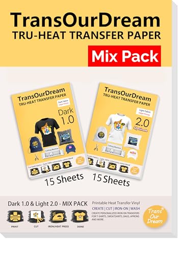 TransOurDream Iron on Heat Transfer Paper for Dark and Light Fabrics (15+15 Sheets, 8.5x11", Mix Pack) Iron on Transfers for 