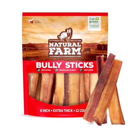 Natural Farm Odor Free Jumbo Bully Sticks (6 Inch, 12 Pack), Extra-Thick Dog Treats – Fully Digestible 100% Beef Treats, Natu