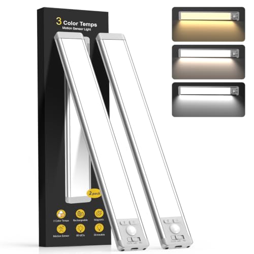 10inch Under Cabinet Lighting with 3 Color Temps, 2 Pack Rechargeable Motion Sensor Light Indoor, 5 Levels Dimmable Magnetic 