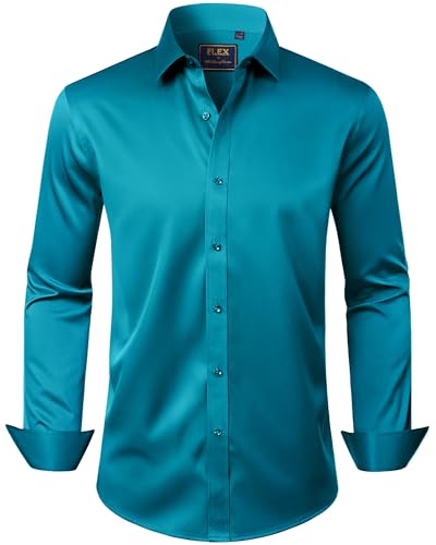 J.VER Men's Dress Shirts Solid Long Sleeve Stretch Wrinkle-Free Formal Shirt Business Casual Button Down Shirts Teal Large