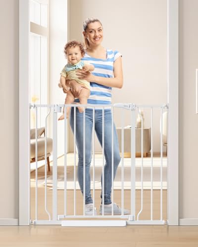 Cideny 34" Tall Baby Gate No Drilling, Auto Close Dog Gate Indoor, White