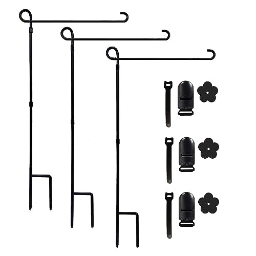 YEAHOME 3PC Garden Flag Holder Stand, Weather-Proof Yard Flag Pole Black Metal Powder-Coated Flagpole with Tiger Clip and Rub