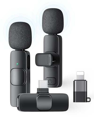 2 Pack Wireless Lavalier Microphone for iPhone iPad and Android Phone, Lapel Mic Plug and Play Wireless Mic Noise Reduction M