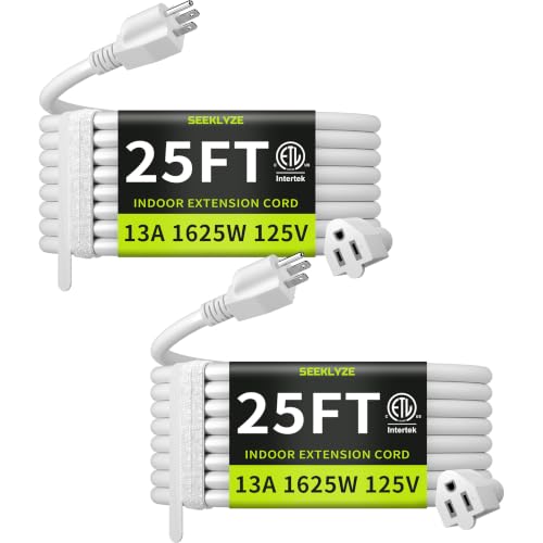 Seeklyze 25 FT 2 Pack Extension Cord Indoor, 16 Gauge 3 Prong Power Cord