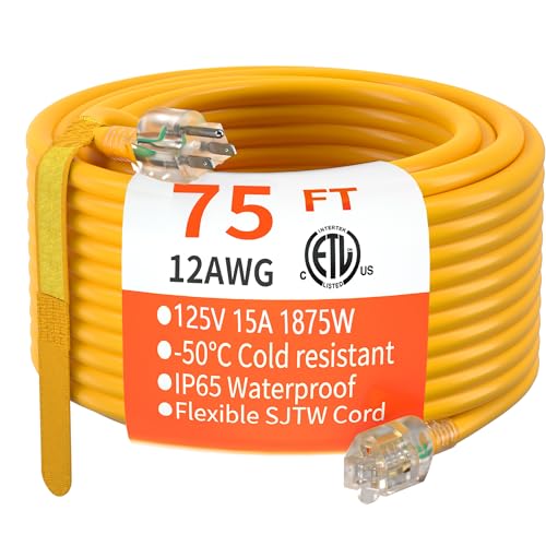HUANCHAIN 75 FT 12/3 Gauge Extension Cord Yellow, Outdoor Electric Cable