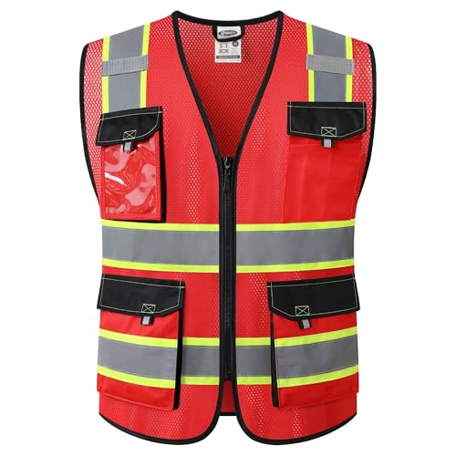 JKSafety Safety Vest for Men Women Hi Vis Reflective Vest JK220 Red 3XL