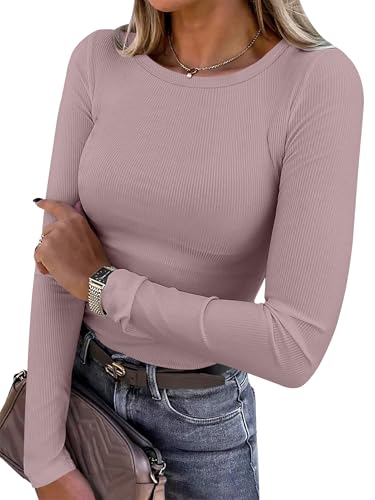 ANRABESS Women Long Sleeve Shirts Ribbed Fitted Tops,Grey Pink,XXL