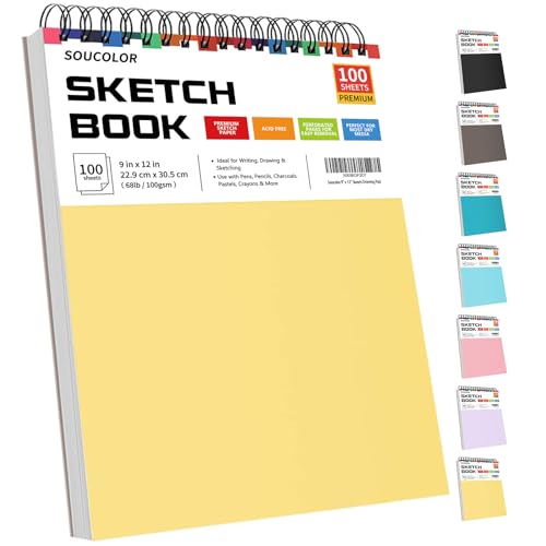 Soucolor 9x12 Spiral Sketch Book,100 Sheets, Acid-Free Drawing Pad for Kids