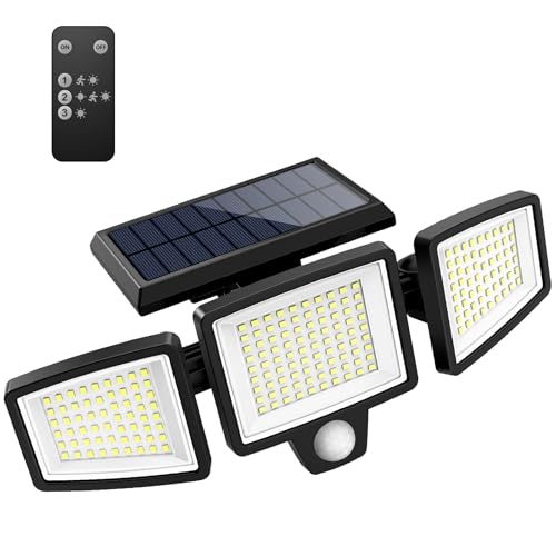 Tuffenough Solar Outdoor Lights 2500LM 210 LED Security Lights with Remote Control,3 Heads Motion Sensor Lights, IP65 Waterpr