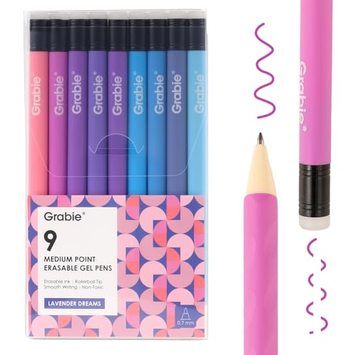 Grabie Erasable Gel Pens, 9 Color 0.7 mm Medium Point, Lavender Dreams