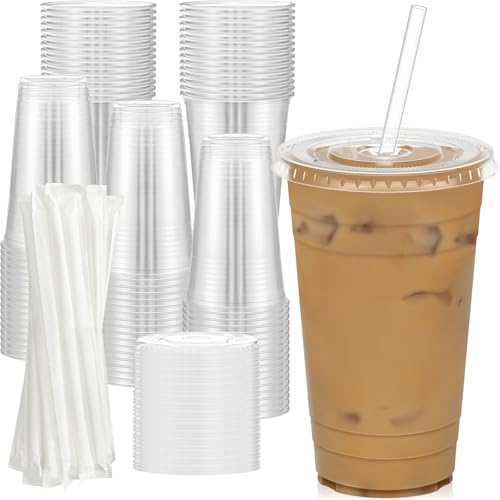 Dealusy 100 Pack - 24 oz Clear Plastic Cups with Lids and Straws