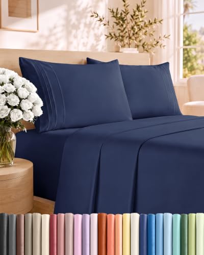 Cal King Size 4 Piece Sheet Set - Breathable & Cooling Sheets - Navy Blue