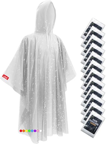 Disposable Rain Ponchos - Extra Long Waterproof Emergency Poncho with Hood for Adults, Bulk Family 12 Pack Raincoat for Park,